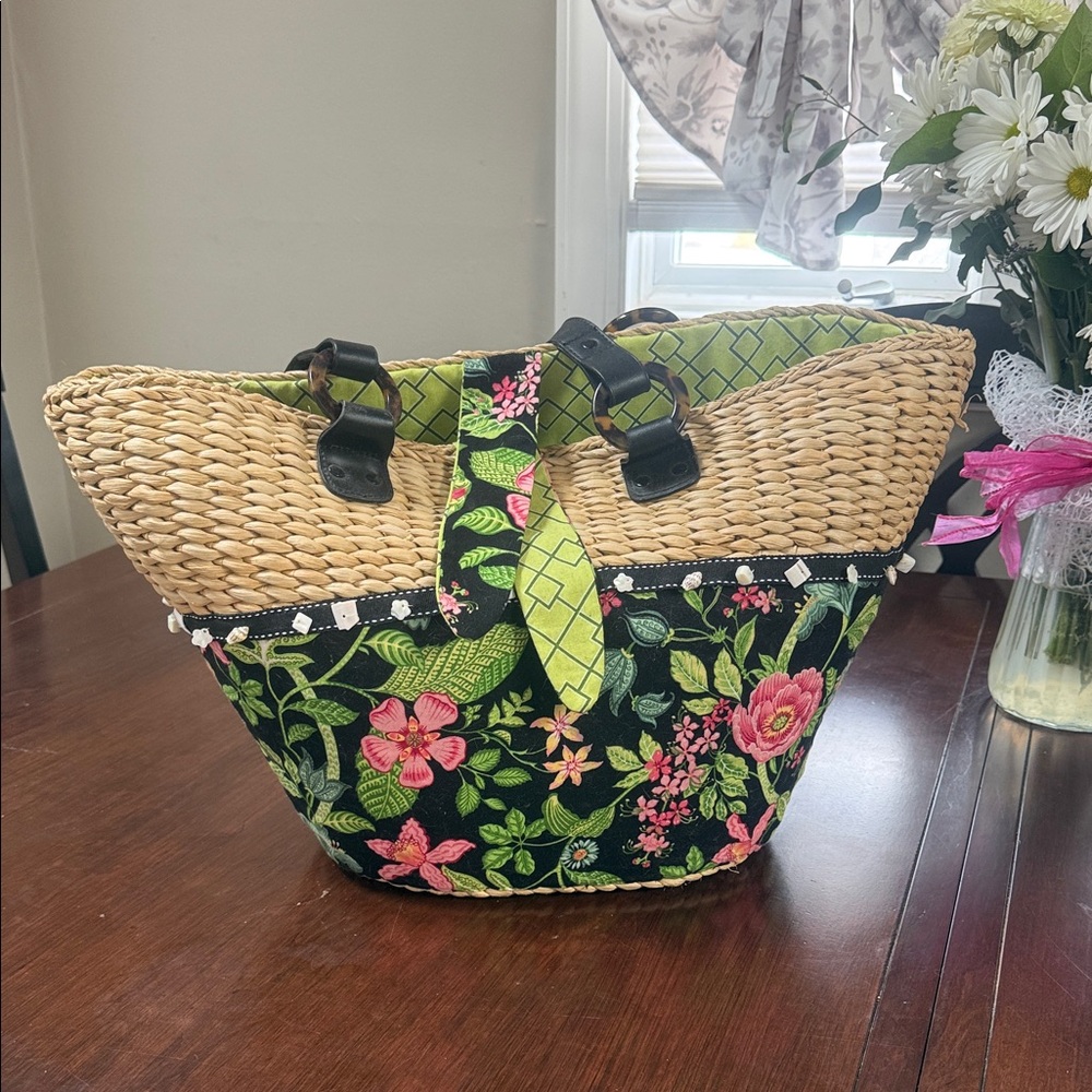 Vera Bradley Straw Tote with Floral and Black Details
